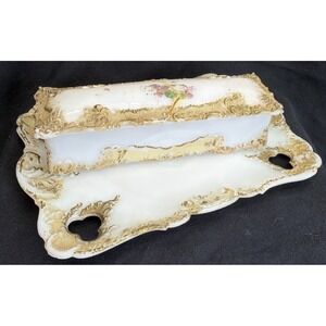 Antique Dithridge Milk Glass Glove/Vanity Box w Tray Victorian Rococo